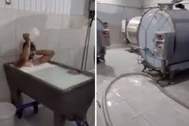 乳製品工場で“牛乳風呂”に浸かる男